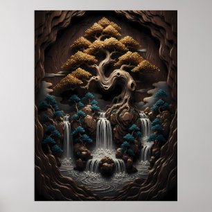 Vergulde Bonsai: Een Serene Bosachtige Oase Poster