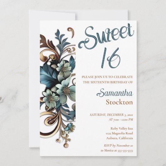 Vergulde Botanische Rand Sweet 16 Uitnodiging (Voorkant)