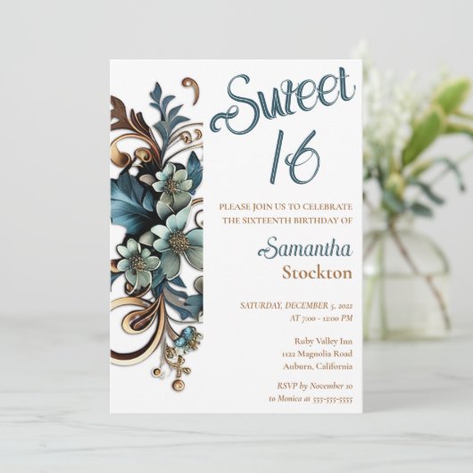 Vergulde Botanische Rand Sweet 16 Uitnodiging (Staand voorkant)