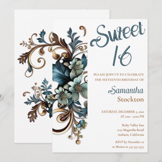 Vergulde Botanische Rand Sweet 16 Uitnodiging (Voorkant / Achterkant)