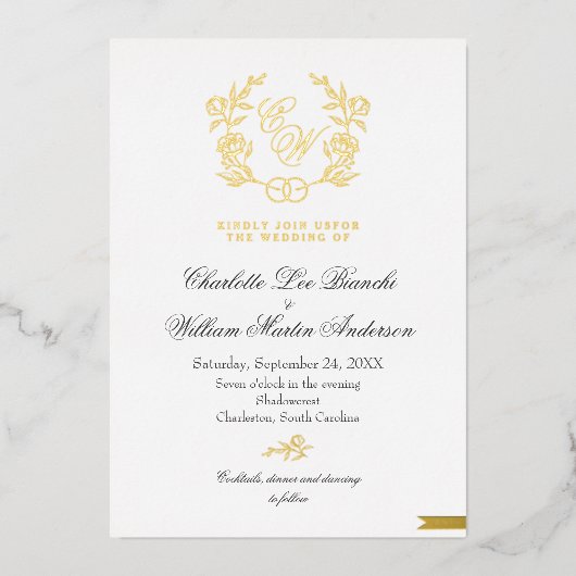 Vergulde Floral Monogram bruiloft uitnodigingen (Voorkant)