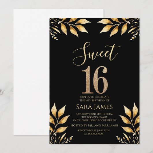 Vergulde Glitz Sweet 16 Uitnodiging (Voorkant / Achterkant)
