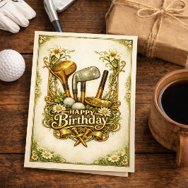 Vergulde Golf Antieke Illustratie Verjaardag Kaart