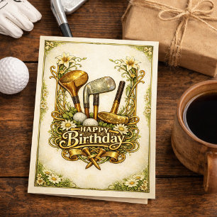 Vergulde Golf Antieke Illustratie Verjaardag Kaart