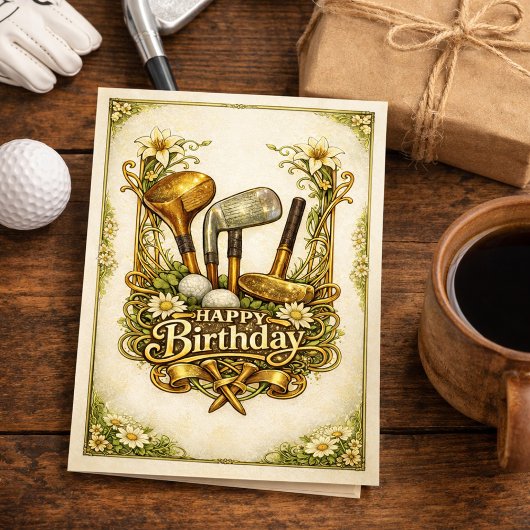 Vergulde Golf Antieke Illustratie Verjaardag Kaart