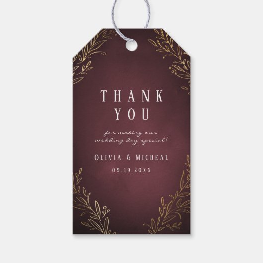 Vergulde goud bordeaux botanische elegante trouw cadeaulabel (Voorkant)