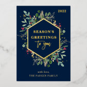 Vergulde groenblijvende planten op marineblauw | P Folie Feestdagenkaart (Voorkant)