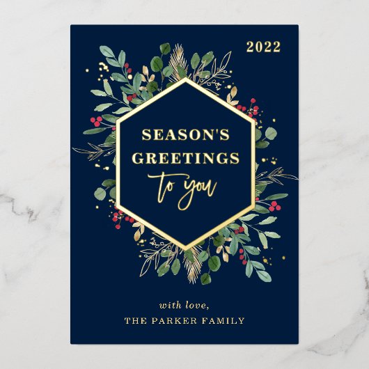 Vergulde groenblijvende planten op marineblauw | P Folie Feestdagenkaart (Voorkant)