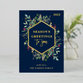 Vergulde groenblijvende planten op marineblauw | S Folie Feestdagenkaart (Staand Voorkant)
