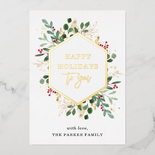 Vergulde groenblijvende planten op wit | Prettige  Folie Feestdagenkaart (Voorkant)