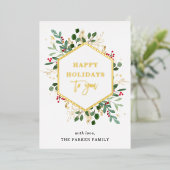 Vergulde groenblijvende planten op wit | Prettige  Folie Feestdagenkaart (Staand Voorkant)