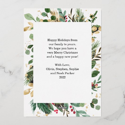 Vergulde groenblijvende planten op wit | Prettige  Folie Feestdagenkaart (Achterkant)