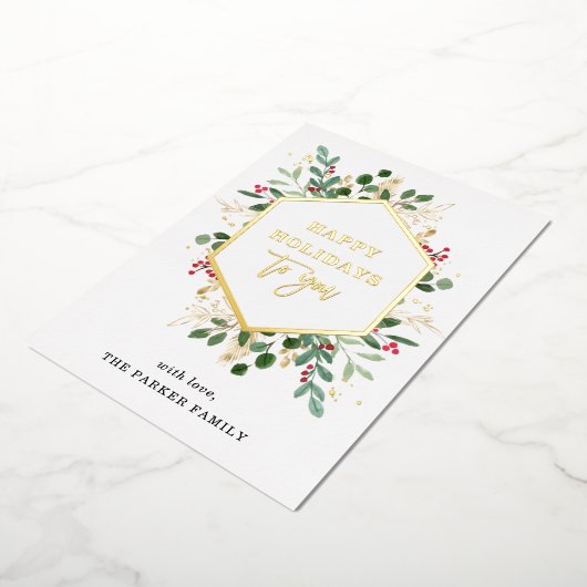 Vergulde groenblijvende planten op wit | Prettige  Folie Feestdagenkaart (Gedraaid)