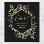 Vergulde groenblijvende planten op zwart | Kerstgr Wijn Etiket (Enkel label)