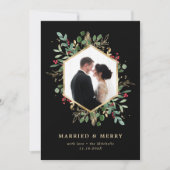 Vergulde Groene Geometrische Getrouwd en Blij Foto Feestdagenkaart (Voorkant)