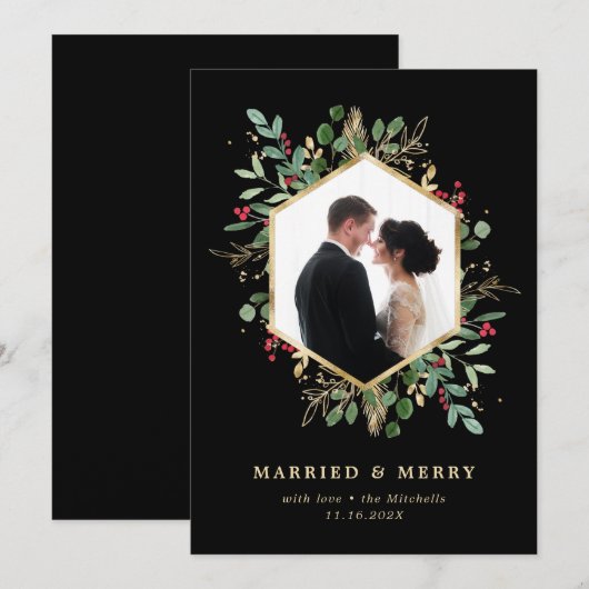 Vergulde Groene Geometrische Getrouwd en Blij Foto Feestdagenkaart (Voorkant / Achterkant)