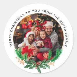 Vergulde Groene Witte | Kerstkrans en Foto Kerstmi Ronde Sticker