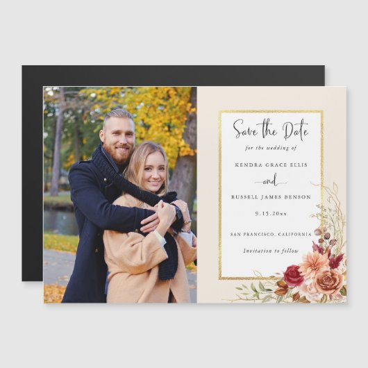 Vergulde Herfst Terracotta Floral Bewaar de datum Magnetische Uitnodiging (Voorkant / Achterkant)