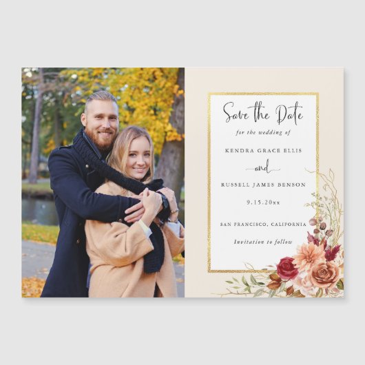 Vergulde Herfst Terracotta Floral Bewaar de datum Magnetische Uitnodiging (Voorkant)