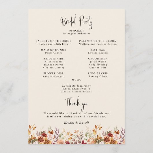 Vergulde Herfst Terracotta Floral Programmakaart (Achterkant)