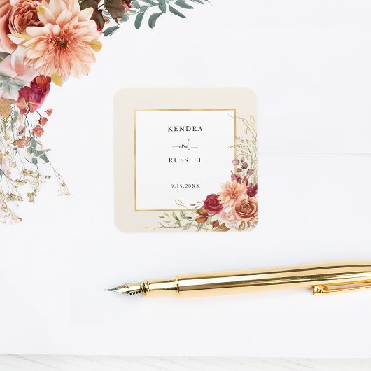 Vergulde Herfst Terracotta Floral Vierkante Sticker