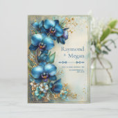 Vergulde Indigo Orchidee Stardust Bruiloft Kaart (Staand voorkant)