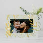 Vergulde Kerstd kaart met bladmotief en goud folie (Staand Voorkant)