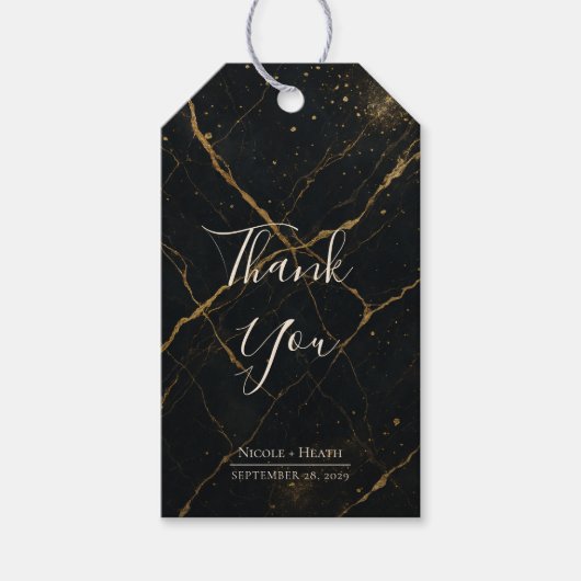 Vergulde Middernacht Marmeren Zwart & Goud Huwelij Cadeaulabel (Voorkant)