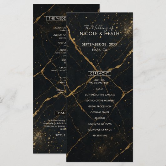 Vergulde Middernacht Marmeren Zwart & Goud Trouwme Menu (Voorkant / Achterkant)