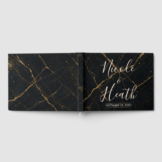 Vergulde Midnight Marble Black & Gold Wedding Gastenboek (Volledig)