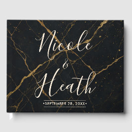 Vergulde Midnight Marble Black & Gold Wedding Gastenboek