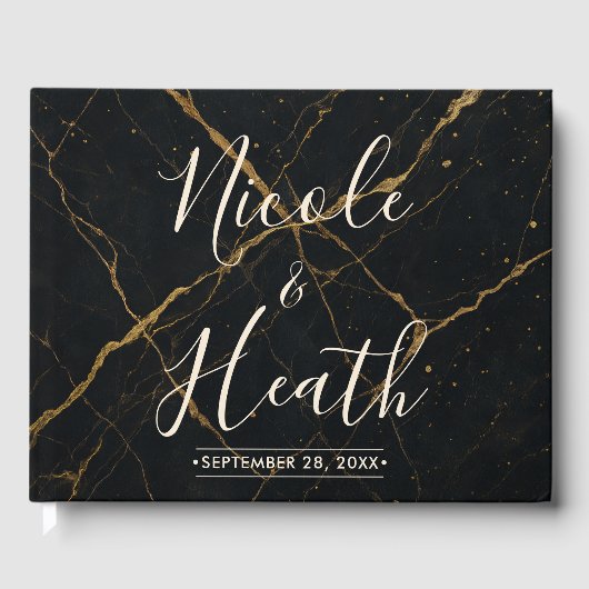 Vergulde Midnight Marble Black & Gold Wedding Gastenboek (Voorkant)