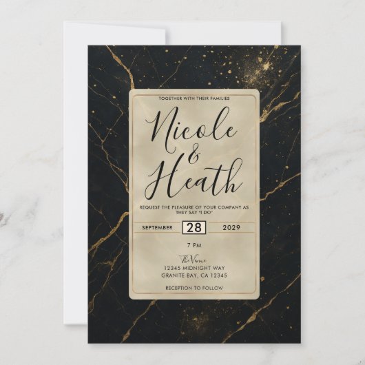 Vergulde Midnight Marble Black & Gold Wedding Kaart (Voorkant)