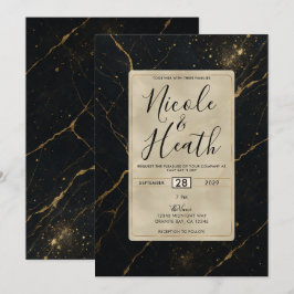 Vergulde Midnight Marble Black & Gold Wedding Kaart