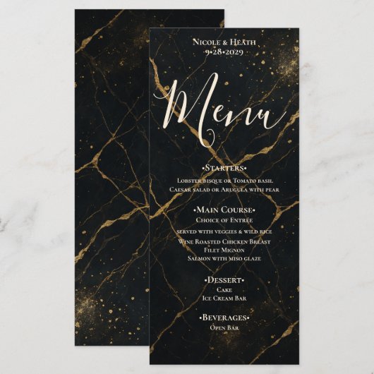 Vergulde Midnight Marble Black & Gold Wedding Menu (Voorkant / Achterkant)