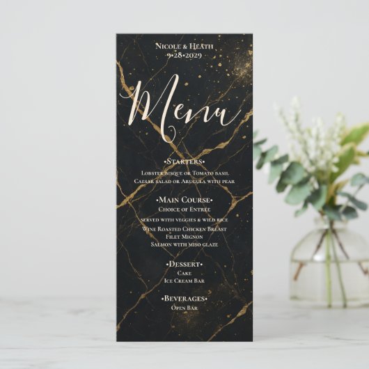 Vergulde Midnight Marble Black & Gold Wedding Menu (Staand voorkant)
