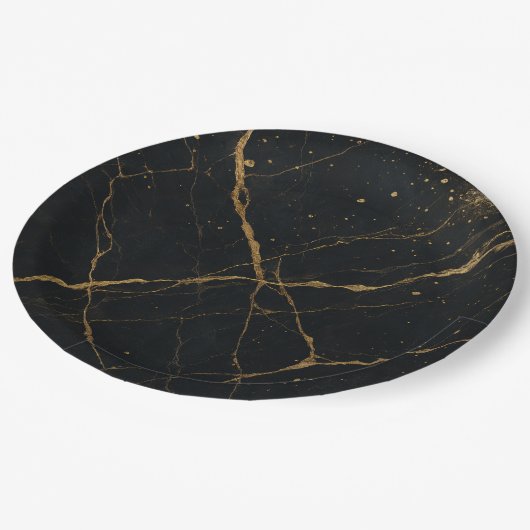 Vergulde Midnight Marble Black & Gold Wedding Papieren Bordje (Gekanteld)