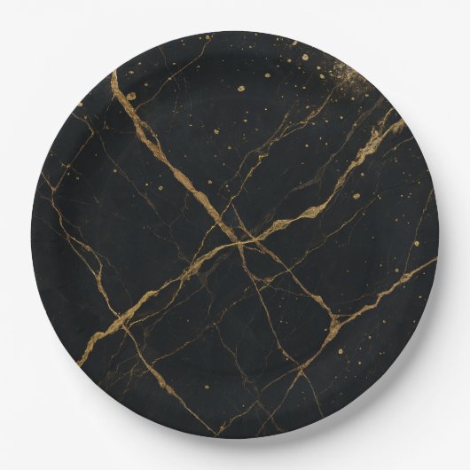 Vergulde Midnight Marble Black & Gold Wedding Papieren Bordje (Voorkant)