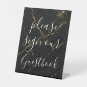 Vergulde Midnight Marble Black & Gold Wedding Reclamebord Met Voetstuk (Voorkant)