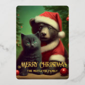 Vergulde Midwinter Tale | Folie Beer & Kitten Folie Feestdagenkaart (Voorkant)