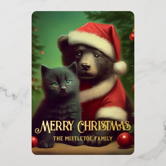 Vergulde Midwinter Tale | Folie Beer & Kitten Folie Feestdagenkaart (Voorkant)