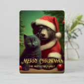 Vergulde Midwinter Tale | Folie Beer & Kitten Folie Feestdagenkaart (Staand Voorkant)