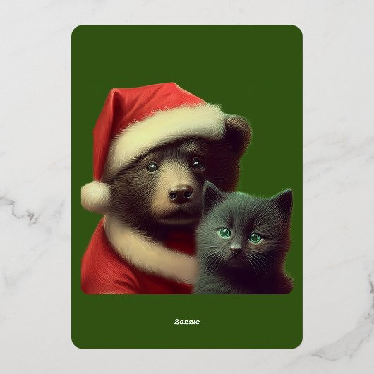 Vergulde Midwinter Tale | Folie Beer & Kitten Folie Feestdagenkaart (Achterkant)