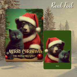 Vergulde Midwintervertelling | Foil Bear & Kitten Folie Feestdagenkaart
