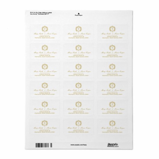 Vergulde Monogram Bruiloft Retouradres Etiket (Full Sheet)