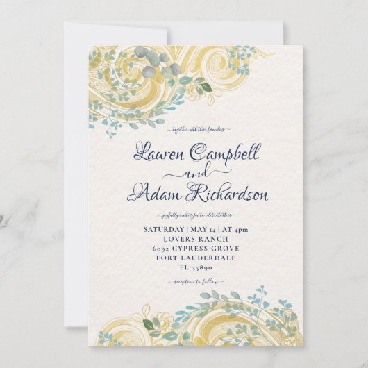 Vergulde Navy Blue en Cream Foliage Kaart (Voorkant)