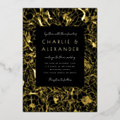Vergulde pioenrozen Zwart en Goud Folie Uitnodiging (Voorkant)