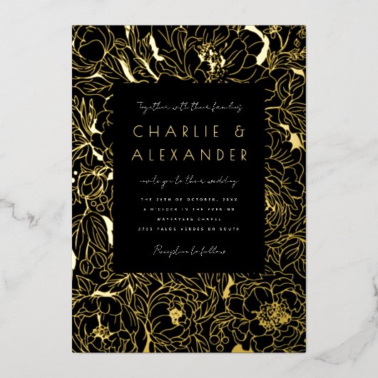 Vergulde pioenrozen Zwart en Goud Folie Uitnodiging (Voorkant)