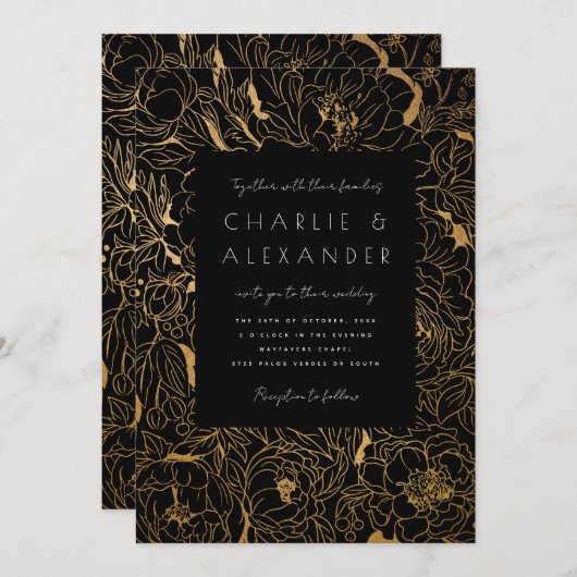 Vergulde Pioenrozen Zwart en Goud Kaart (Voorkant / Achterkant)