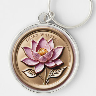 Vergulde Roze Lotus Faux 3D Gouden Wax Seal Sleutelhanger